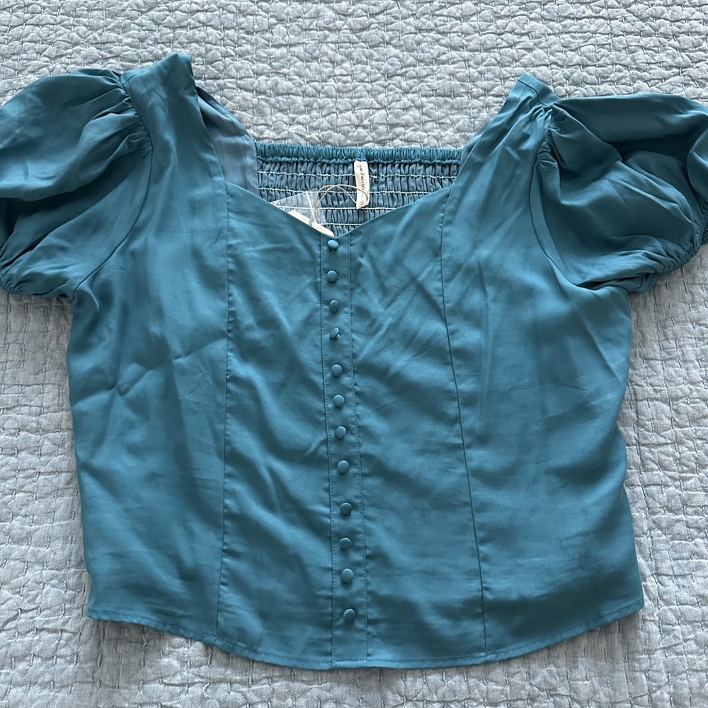 Roolee (Logan Rae) Teal Blue Puff Sleeve Crop Blouse (never worn)